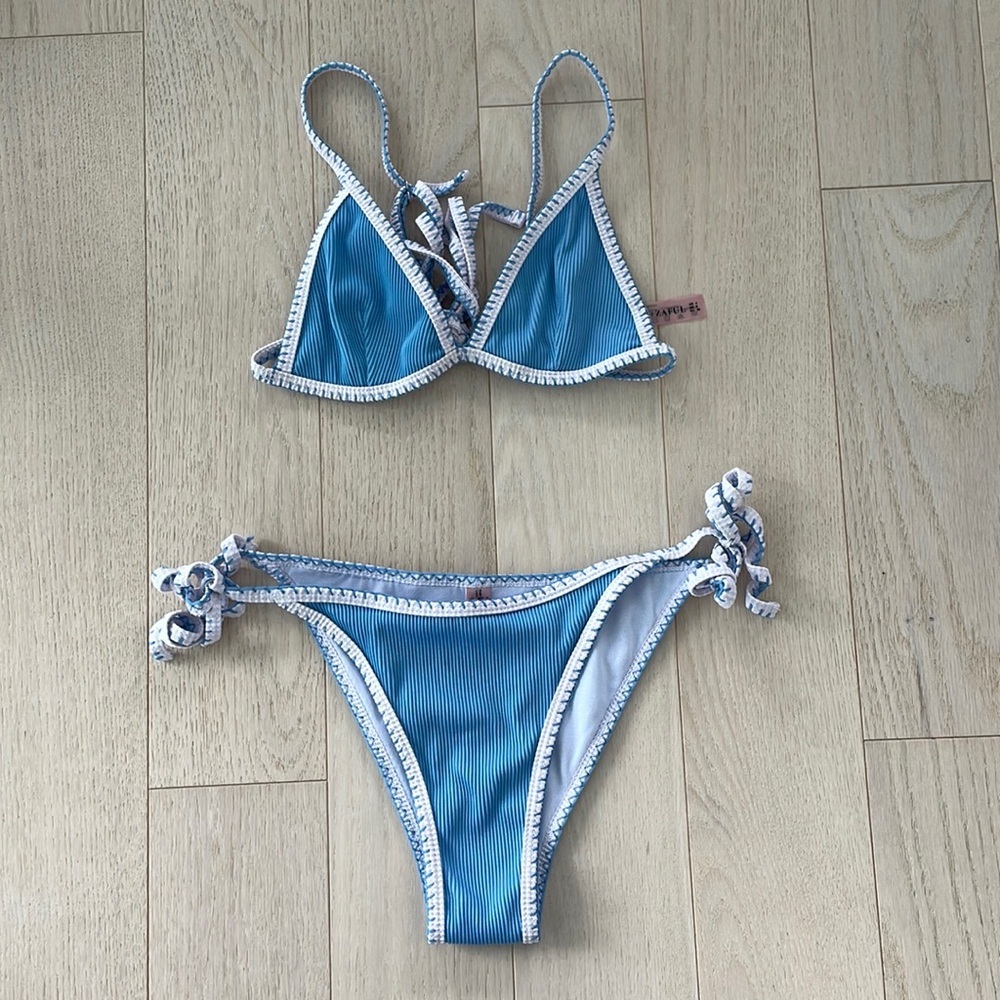 Zaful Blue Ribbed Trim Triangle Bikini Set